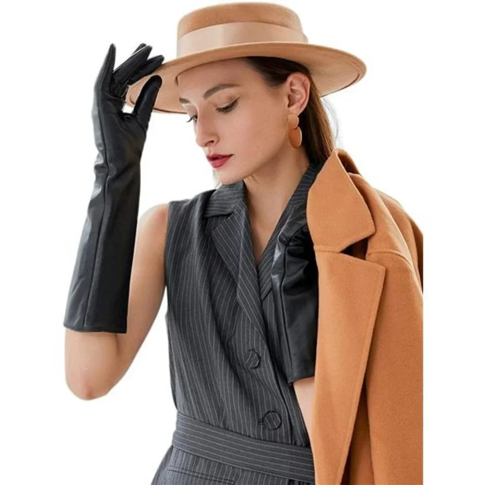 Women's Elegant Winter Black Long Leather Gloves